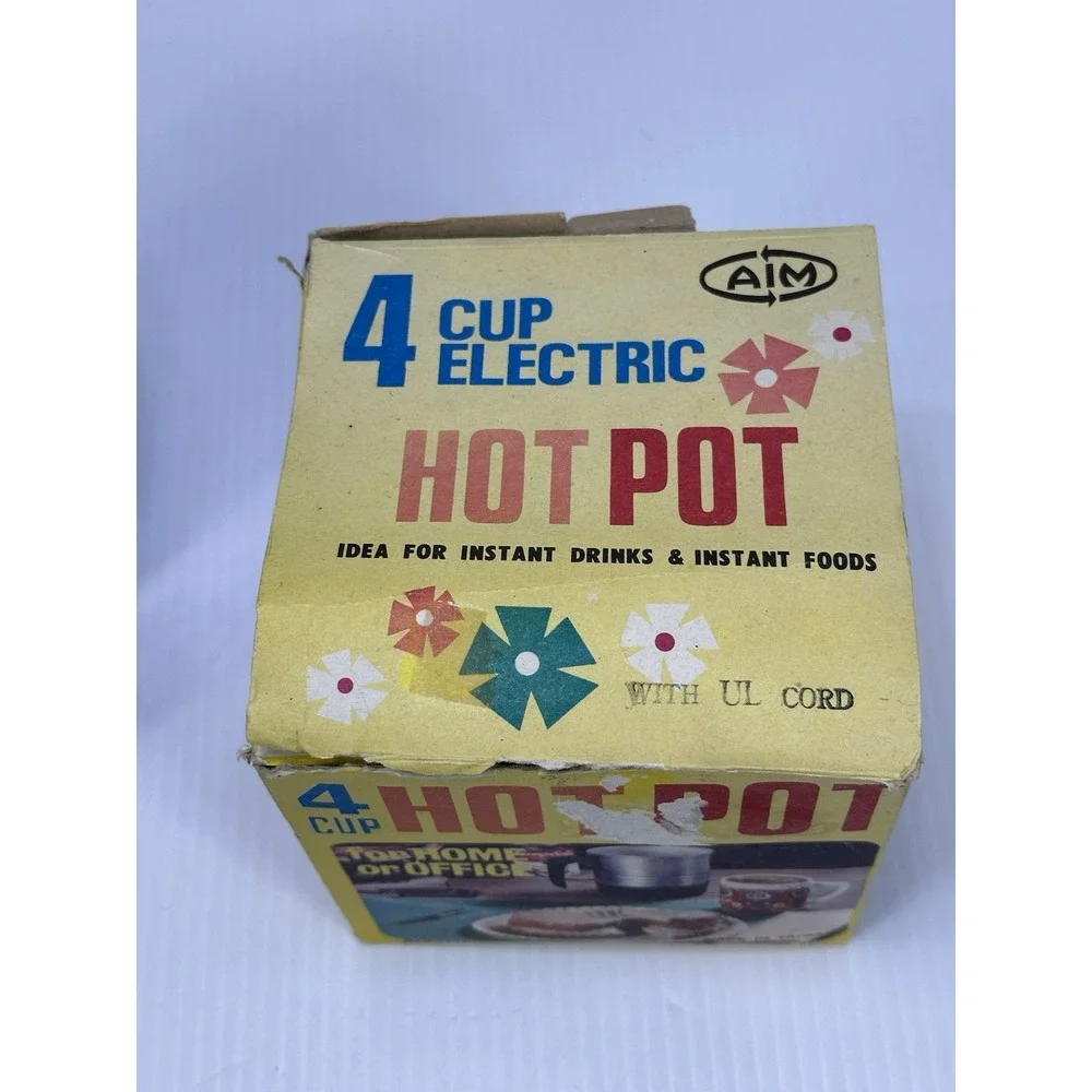 Vintage 4 Cup Electric Hot Pot Original Packaging Bright Polished‎ Aluminum AIM